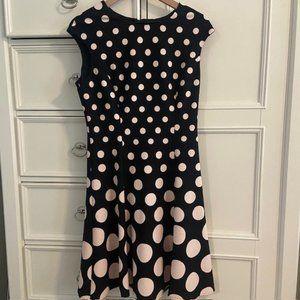 Ladies Midi dress, black with pink polka dots, swing dress, flare skirt, size 10